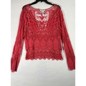Ultra Pink Crochet Women Lace Long Sleeve Crop Top Boho Festival Delicate Pink L